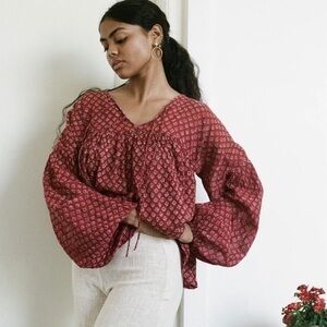 Daughters of India Burgundy Floral Billowy Peasant Blouse